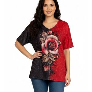 Rose Print Colorblock V-Neck Top, Women’s M, Red Black